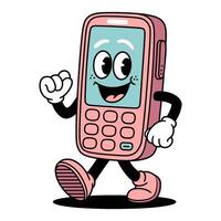 Retro cartoon character of a happy phone walking playfully with a smile in a vibrant style vector