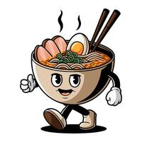 Retro cartoon character of a bowl of ramen walking cheerfully with chopsticks and toppings vector