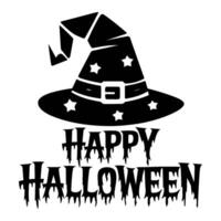 Black and white illustration showcases a hat adorned with stars, paired with the text Happy Halloween in a dripping font vector