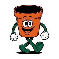 whimsical plant pot character with expressive eyes and a wide smile walks confidently vector