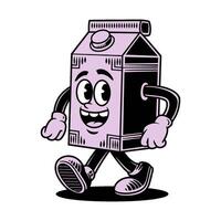 Happy retro character walking joyfully in playful doodle style illustration with cool purple color palette vector