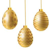 Three golden Easter eggs each suspended by delicate golden strings vector