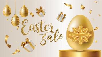 Easter sales features a golden Easter egg with a shiny bow, elegantly placed on a pedestal, surrounded by festive elements like hanging golden Easter eggs, sparkling ribbons, and decorative gift boxes vector