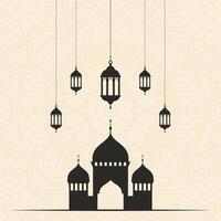 Minimal background for Eid Murbarak with mosque and hanging lanterns vector