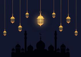 Eid Murbarak background with mosque and hanging lanterns vector
