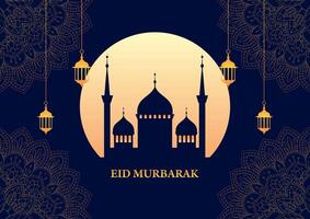 Decorative Eid Murbarak background with mosque and hanging lanterns vector