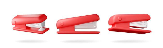 3D set of red plastic stapler isolated on white. Render collection stapler tool icon. Device for fastening sheets. Office and school equipment, stationery or supply vector