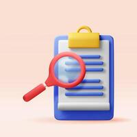 3D document clipboard with magnifying glass. Render analysis and folder with loupe. Focus research and online data monitoring. Discovery, analysis, research, investigation, search vector