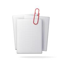 3D empty paper sheets hanging with paper clip isolated. Render white blank paper page with clip icon. Education and work. Stationery and office supply. Document, note or letter. vector