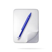 3d white blank paper page with blue pen isolated. Render paper sheet with folded edge with ballpoint pen. Empty document, mail, notes or letters mockup. vector