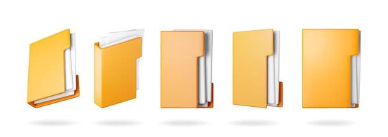 3D set of business folder full of papers isolated on white. Render yellow folder for correspondence, file for paper documents. Open folder icon, manila archive case or ring binder. vector