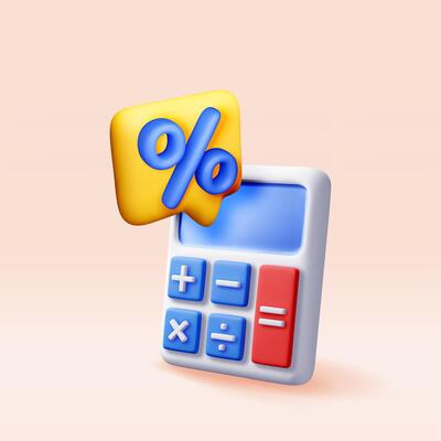 3D modern calculator with percentage sign. Mathematics icon. Addition, subtraction, multiplication and division buttons. Arithmetic operations. Financial math device calculate