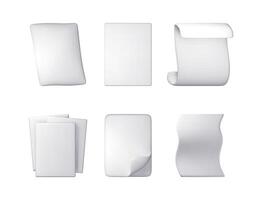 3d set of white blank paper pages isolated. Render collection of paper sheets with curled corners and folded edges. Empty documents, notes or letters mockup. vector