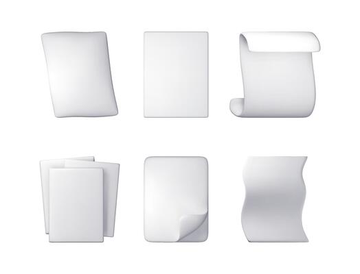 3d set of white blank paper pages isolated. Render collection of paper sheets with curled corners and folded edges. Empty documents, notes or letters mockup.