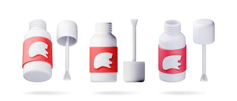 3D set of plastic white bottle with stationery corrector isolated. Render correction fluid in container with brush. Tools for education and work. Stationery and office supply. vector