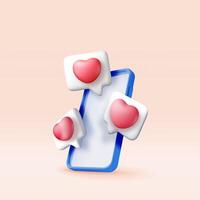 3D like icon with heart and smartphone isolated. Social media notification button. Love like symbol in square speech bubble. Rendering chat balloon. Social network media app. vector