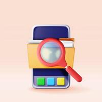 3d smartphone and search information in database. Render search document files. File system management. Discovery, analysis, research, investigation, search seo vector