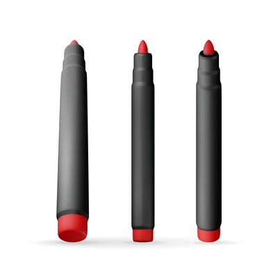 3D set of markers pen isolated on white. Render collection of color marker icon. Watercolor pen. Tool for designer, illustrator, artist. Stationery and office supply