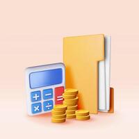 3D financial reports with cash money and calculator. Render business papers in folder. Financial data analysis, business research, financial market trade. vector