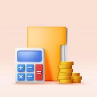 3D financial reports with cash money and calculator. Render business papers in folder. Financial data analysis, business research, financial market trade. Money and banking vector