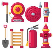 Set of fire fighting equipment on white background. Axe and hydrant, fire alarm, shovel, Ladder, pipeline, fire extinguisher. flat design style vector