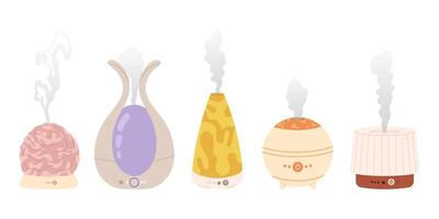 Set humidifier different shapes and sizes. Air diffuser. Device for humidifying. Purifier microclimate. Aroma lamp isolated on white background. vector