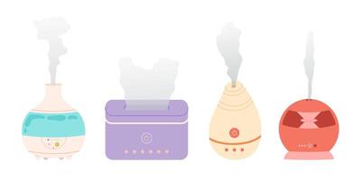 Electric aroma diffusers of different designs. Healthy lifestyle, self care. Relax time, aromatherapy. Set humidifier different shapes. vector