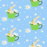 Seamless bright spring floral pattern, background with cute Easter bunny sitting in a cup and daisy flowers. vector