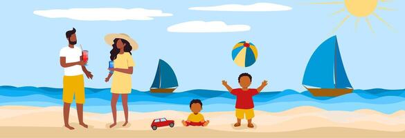 Family enjoying a sunny summer day at the beach with colorful toys and sailboats in the background vector
