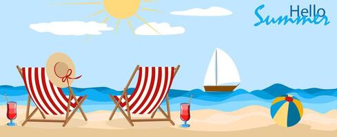 Relaxing summer beach with deck chairs, refreshments, and a sailboat under a bright sun vector