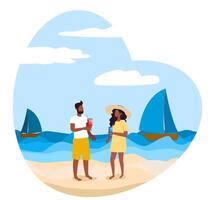 Couples enjoy drinks on a sunny beach in summer with sailboats in the background vector