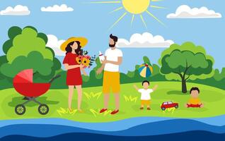Summer family gathering in a park with parents, children, and a stroller enjoying a sunny day by the river vector