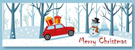 Festive winter scene featuring a car with gifts and a cheerful snowman celebrating Christmas and New Year in a snowy forest vector