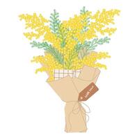 Bouquet of mimosa wrapped in decorative paper, tied with a ribbon.Floral illustration in a soft, elegant style for spring holidays vector