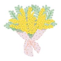 Bouquet of mimosa wrapped in decorative paper with dots, tied with a ribbon.Floral illustration in a soft, elegant style for spring holidays vector