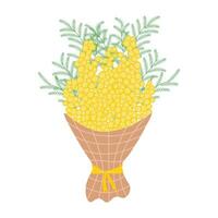 Bouquet of yellow mimosa wrapped in decorative paper, tied with a ribbon. Floral illustration in elegant style for spring holiday vector