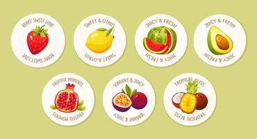 fruit badge set. Emblem collection with fresh berries, citrus, and orchard fruits, ideal for decorative decals, packaging labels, and summer-themed illustrations. vector