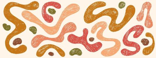 Funky crayon organic liquid shapes and fluid forms. Various bubbles, organic irregular shapes with pencil texture. Bold hand drawn lines, spots. Crayon drawn boho illustrations. vector