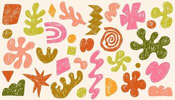 Funky abstract geometric shapes and figures. Boho shapes drawn by crayon. Doodle modern figures, squiggle and other primitive elements pencil texture. Contemporary native swiss design aesthetic vector