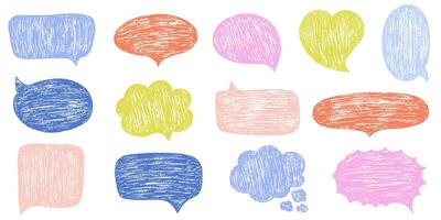 Speech bubbles with crayon or chalk texture. Charcoal doodle comic empty grunge chalk speech bubbles set in doodle style. Hand drawn colorful pencil dialog balloon, various text clouds set vector