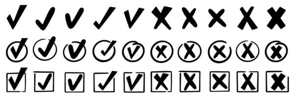 Check marks doodle set. Vote, yes, no, checkbox, checklist, tick and cross signs, v and x drawn concept. Hand drawn marker sketch style illustration vector