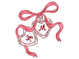 Coquette heart locket with ribbon bow in hand drawn style. Simple doodle line art crayon and sketch symbol for Valentine day and invitations templates. Vintage elegant illustration. vector