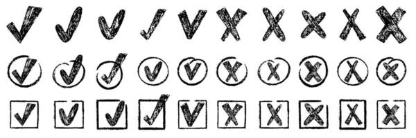 Check marks doodle set. Vote, yes, no, checkbox, checklist, tick and cross signs, v and x drawn concept. Hand drawn crayon sketch style illustration. vector