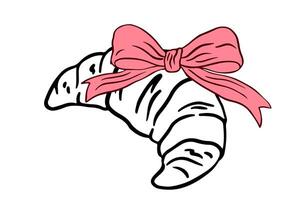 Coquette croissant with bow in hand drawn style. Elegant dining lineart element, cute Paris bakery food with ribbon in simple crayon and sketch style. Vintage ink clipart casual scribble. vector