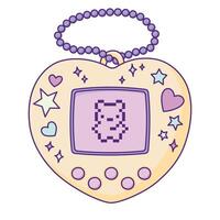 Cute Retro Virtual Pet Toy Hand Drawn Illustration Isolated on White Background. Nostalgic Artificial Pet Device with Screen Display, Pixel Bear Print, Buttons vector