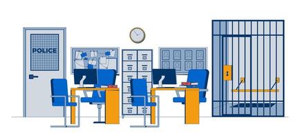 Police station interior with jail cell 2D illustration. Work desks, computers, filing cabinet, suspect board investigation flat scene isolated on white background. Colorful cartoon image vector