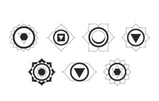 Seven chakra symbols 2D line objects set. Spiritual sacred geometry. Holistic alternative healing energy centers isolated cliparts ink outline items. Monochrome spot illustrations collection vector