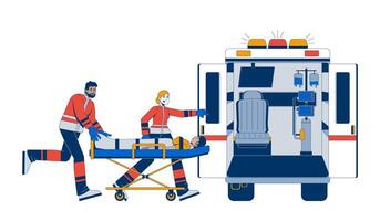 Paramedics loading patient into ambulance 2D illustration. Urgent care. Medical first responders with emergency stretcher flat characters isolated on white background. Colorful cartoon image vector