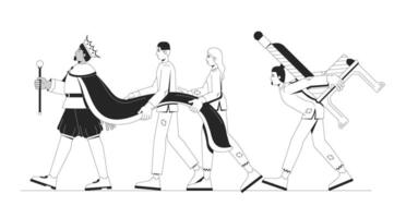 Burden of monarchy authority and class struggle line illustration concept. King walking ahead with impoverished servants exploitation outline 2D characters isolated. Ink linear drawing art vector