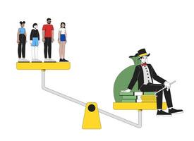 Oligarchy and wealth inequality 2D illustration concept. Plutocracy capitalism. Rich elite figure outweighing middle class people cartoon characters isolated on white. Flat abstract graphic vector